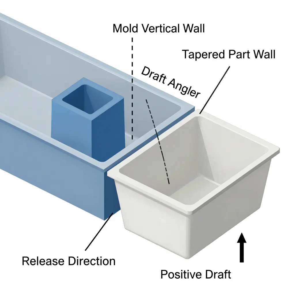 Technical cross-section of a bagasse clamshell box mold showing draft angle measured between the mold vertical wall and the tapered part wall