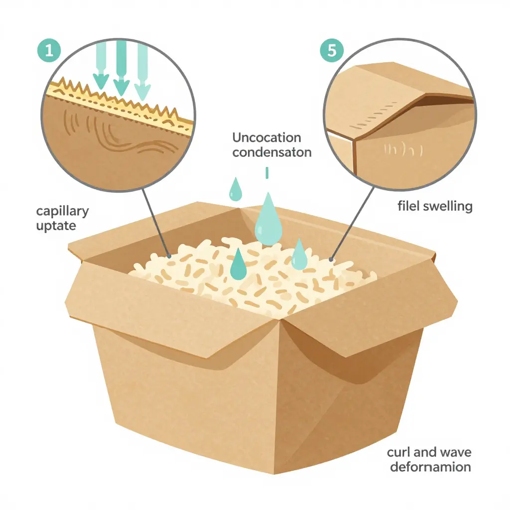 Cross-section diagram of a kraft paper sushi box showing vapor generation from warm vinegared rice, condensation on the cooler lid, capillary uptake at the uncoated cut edge of the flange, fiber swelling, and resulting curl and wave.