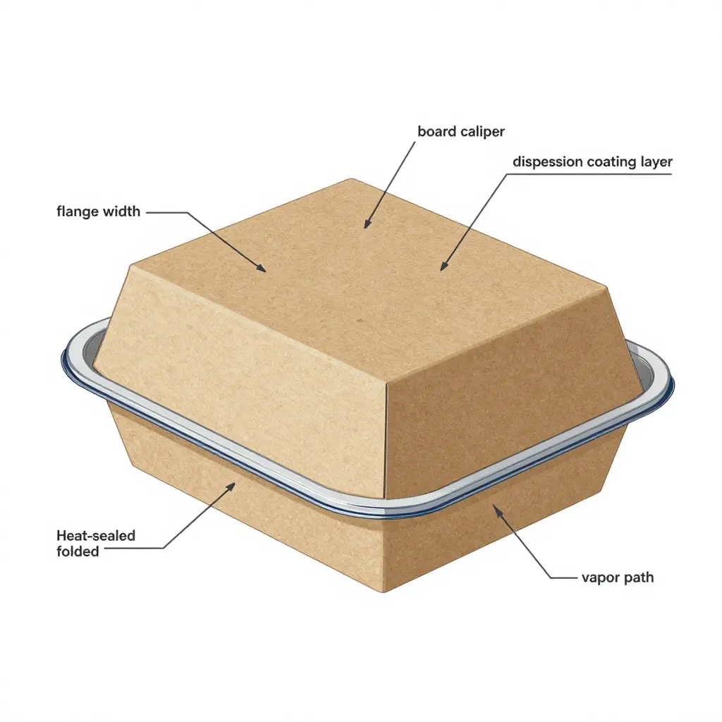 Technical cross-section of a kraft paper sushi box lid flange showing board caliper, flange width, dispersion coating, and heat-sealed edge