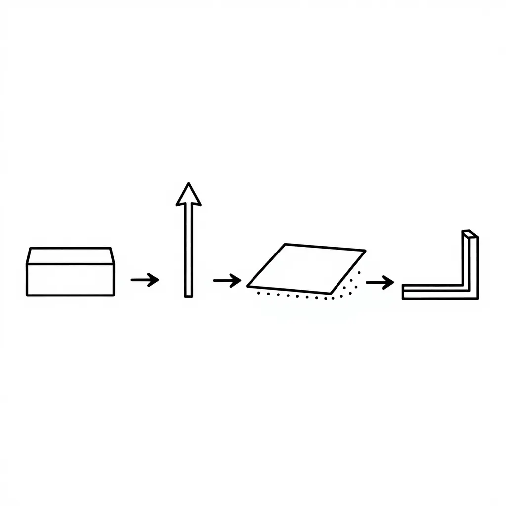 Minimalist horizontal four-step diagram: a kraft paper sushi box, an upward vapor arrow, a lid panel absorbing moisture along its inner edge, and a flange profile curling slightly upward