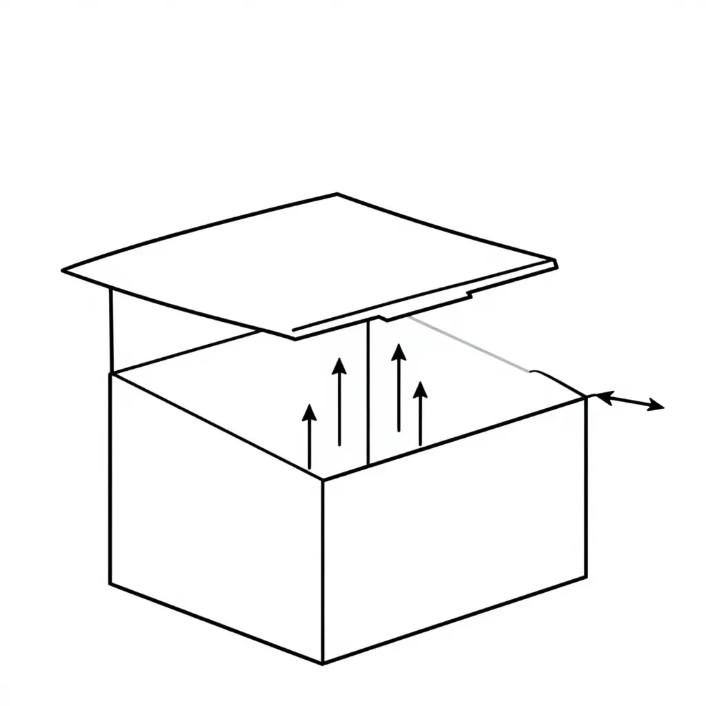 Minimalist 2D cross-section diagram of a kraft paper sushi box lid flange seated on the box wall, with arrows showing rice vinegar vapor rising from the box interior, spreading laterally under the lid, and absorbing into the exposed paper fiber at the flange cut edge
