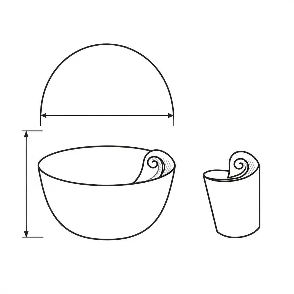 Technical cross-section line drawing of a paper bowl rim curl seated inside a lid skirt channel, with dimension lines marking curl outer diameter, curl height, lid channel depth and the snap interference region, plus a smaller companion cross-section showing over-rolled and under-rolled failure conditions