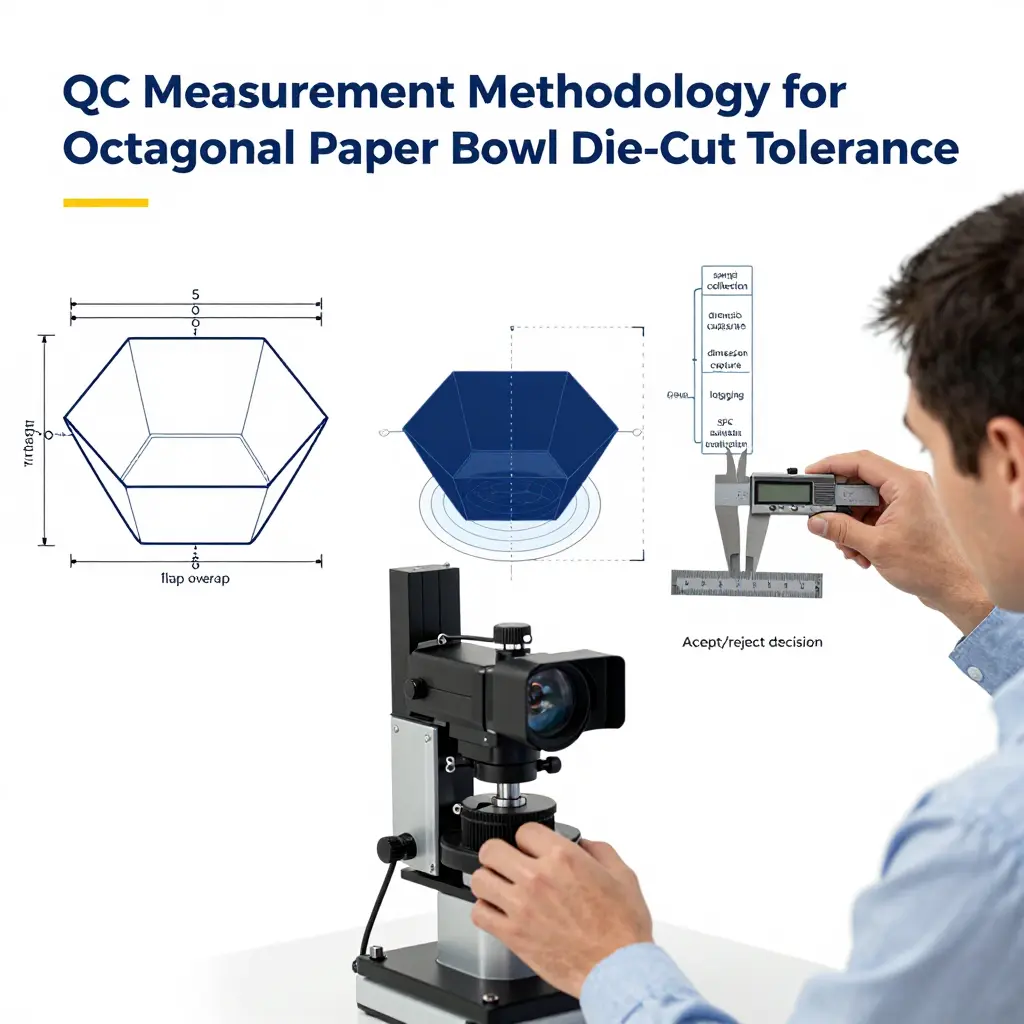Technical diagram of the QC measurement workflow for octagonal paper bowl die-cut tolerance and corner fold consistency, showing a machine-vision station, annotated bowl corners, and manual caliper and protractor verification with a flowchart.
