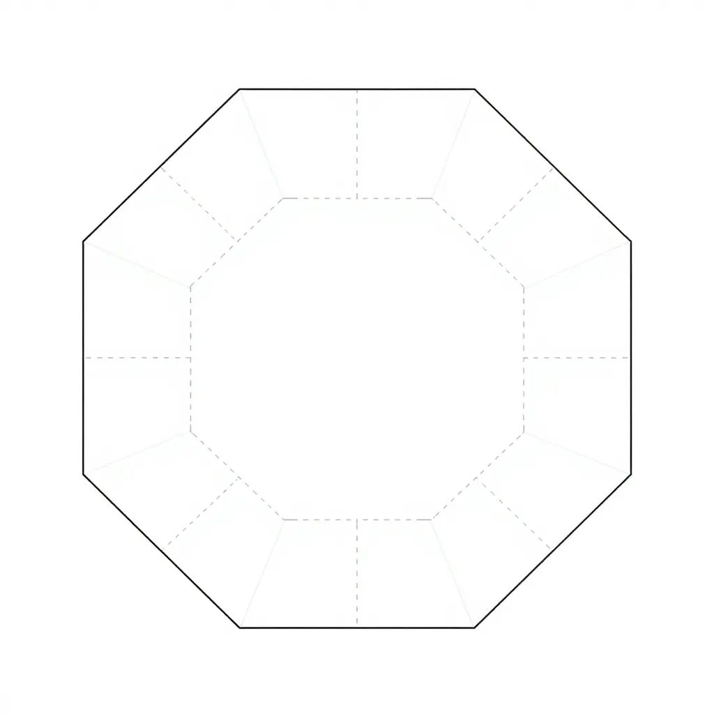 Minimalist line-art schematic of an octagonal paper bowl die-cut blank, showing the eight corner fold lines, crease angles, and rim edge
