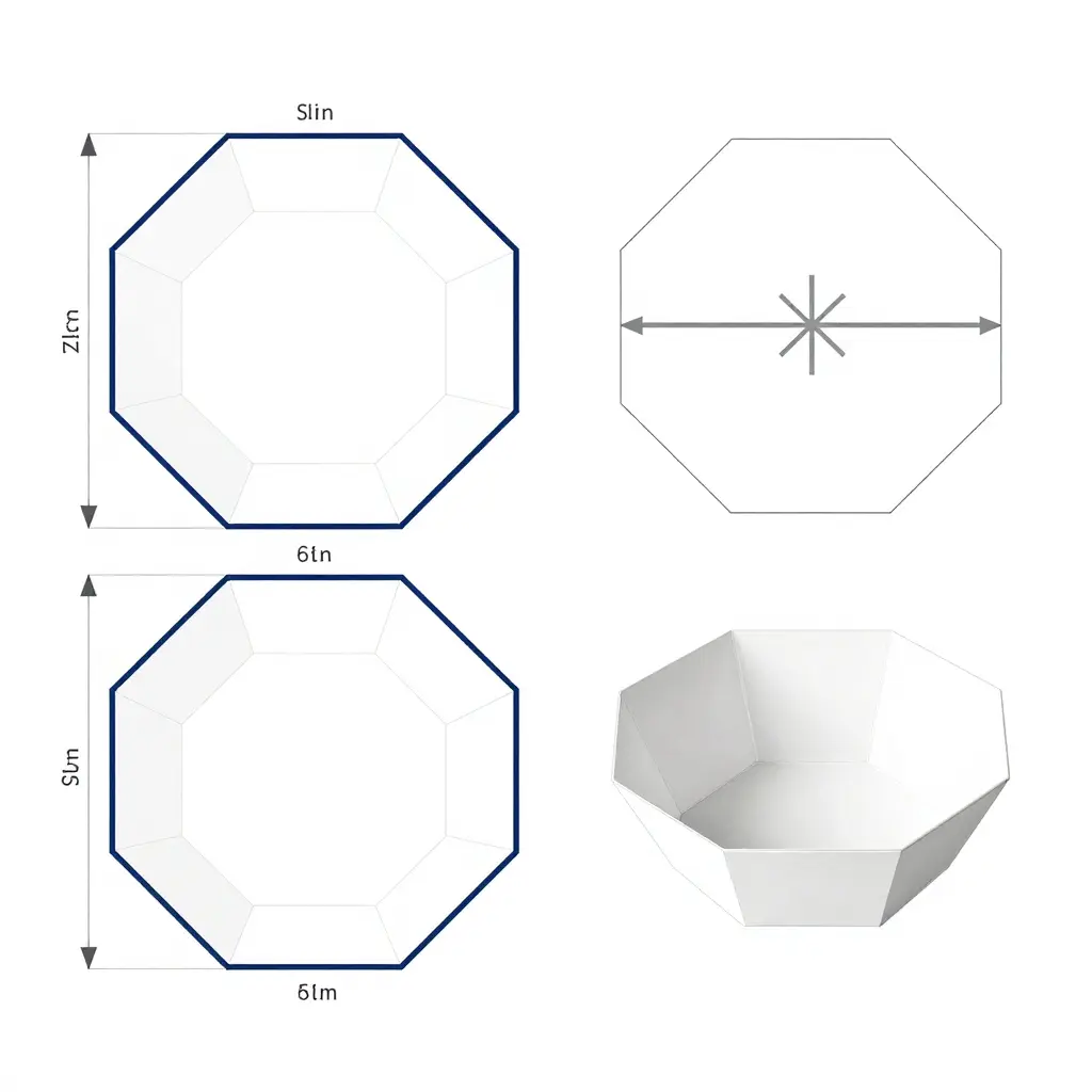 Technical blueprint diagram showing die-cut tolerance on an octagonal paper bowl, including blank dimensions, angular deviation at a corner, and registration alignment between a cutting die and printed artwork.