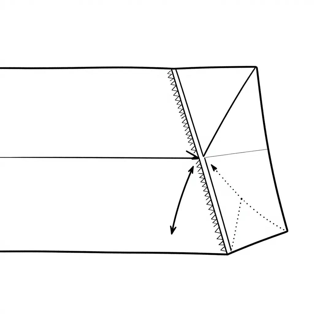 Flat 2D line diagram of a side gusset crease cross-section showing the flat panel, two fold faces meeting at the crease apex, a compressed inner face, a stretched outer face, and arrows tracing capillary paths entering the outer face and travelling inward along the crease