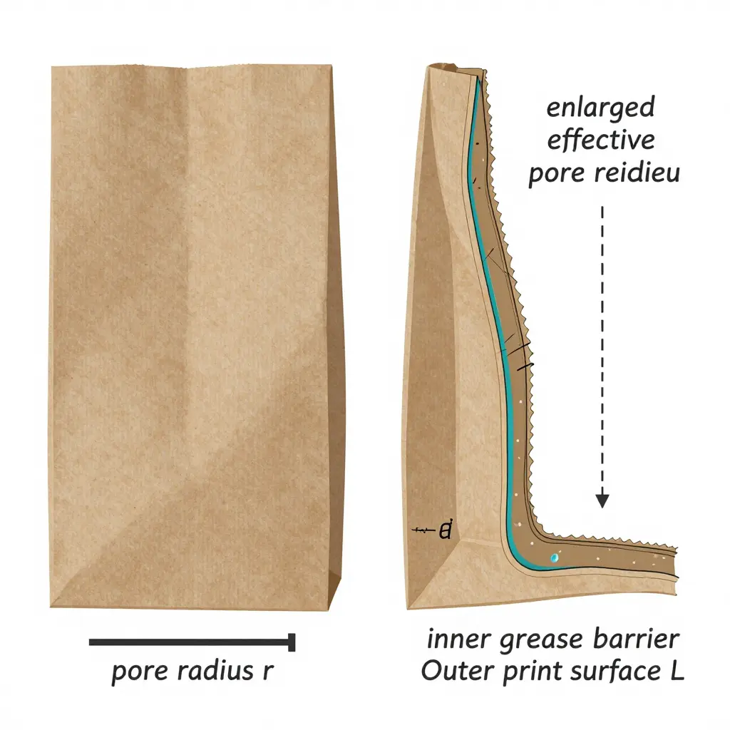 Cross-section diagram of a side gusset crease showing fractured fibres, an enlarged effective pore radius and grease wicking down the fold toward the bag base
