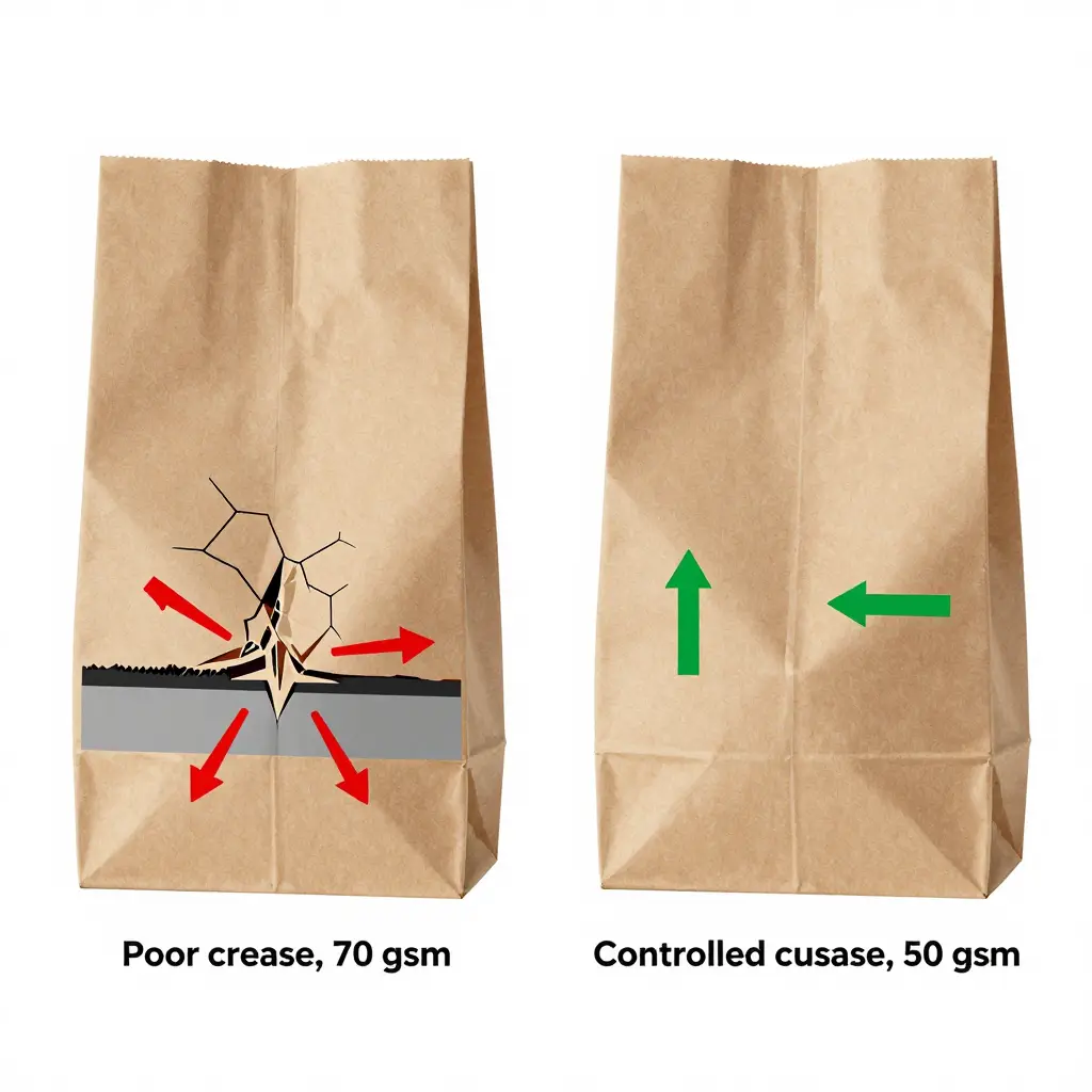 Diagram comparing a fractured 70 gsm side gusset crease that wicks grease with a controlled 50 gsm crease that blocks it