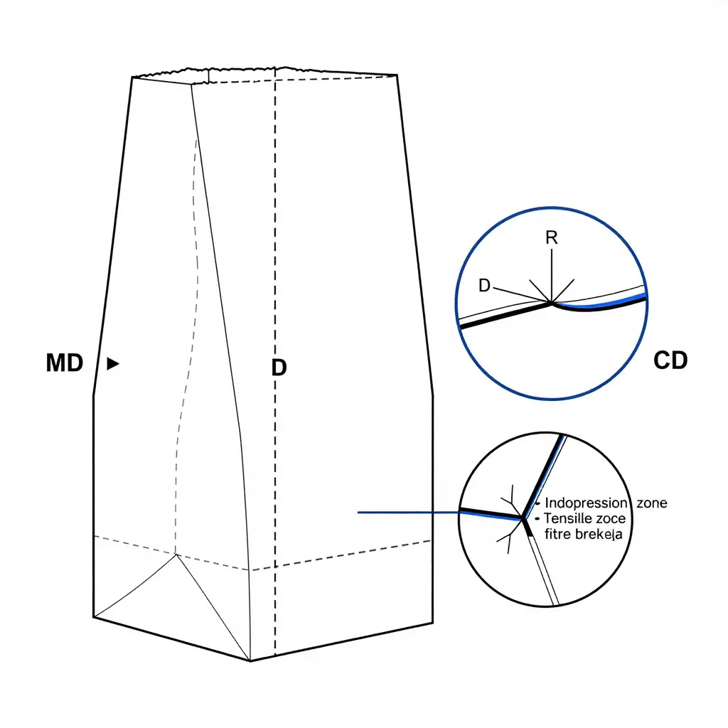 Cross-section diagram of a side gusset crease showing the crease blade radius, crease depth, machine-direction and cross-direction fold lines, and fibre breakage on the outer fold face