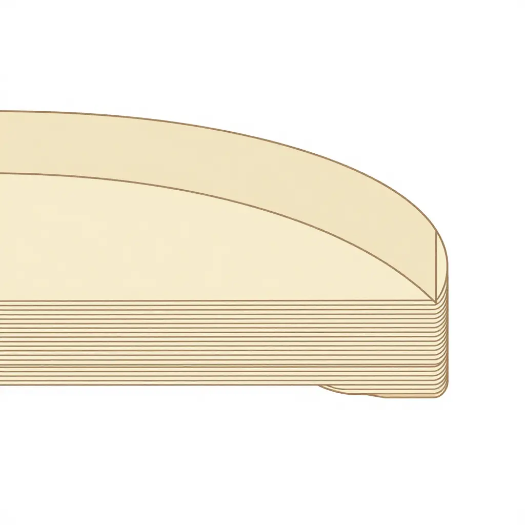 Schematic cross-section of a sugarcane plate rim showing layered compressed bagasse fiber structure and the raised rim geometry