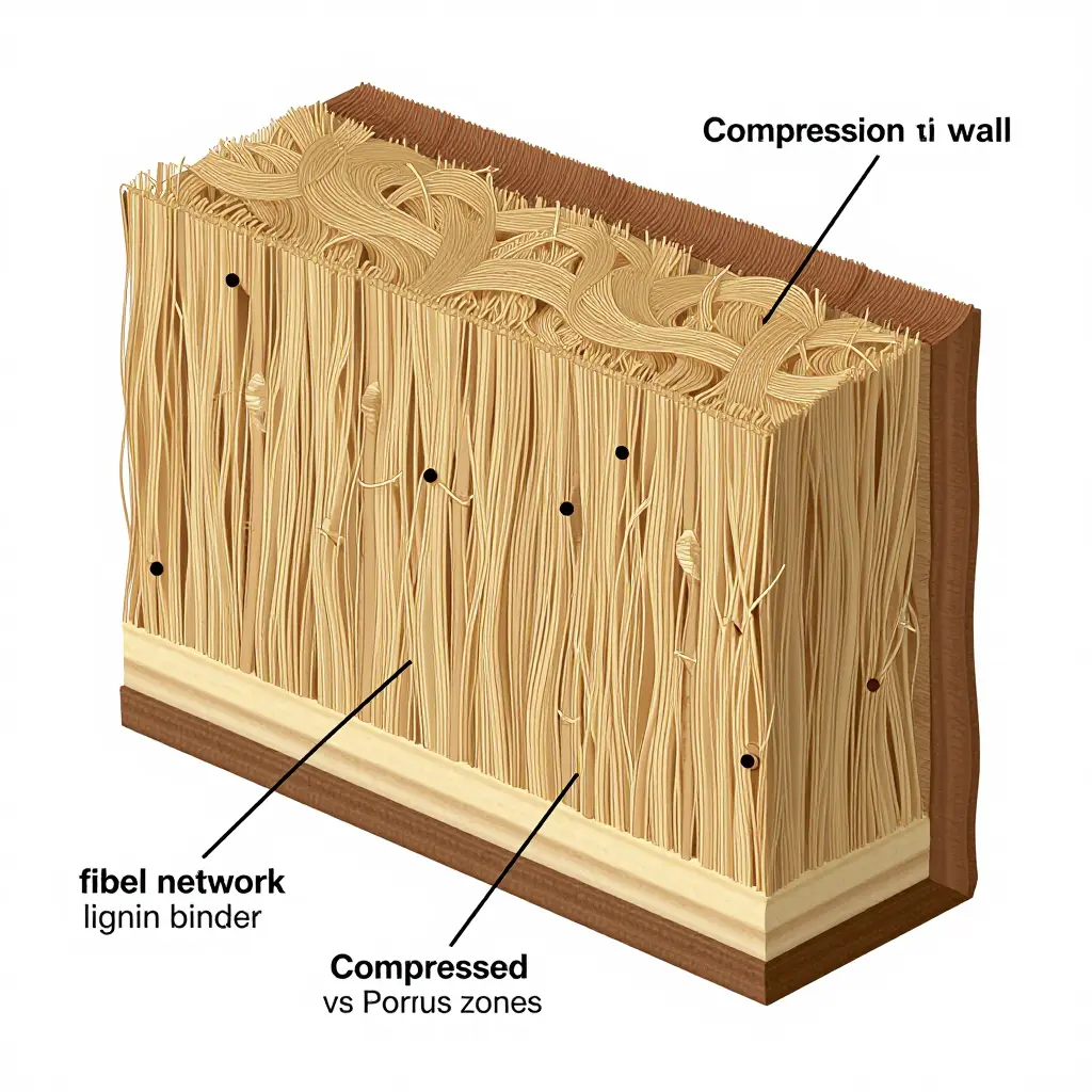 Schematic cross-section of a molded bagasse plate showing the interlocking fiber network bonded by residual lignin and a densified rim wall