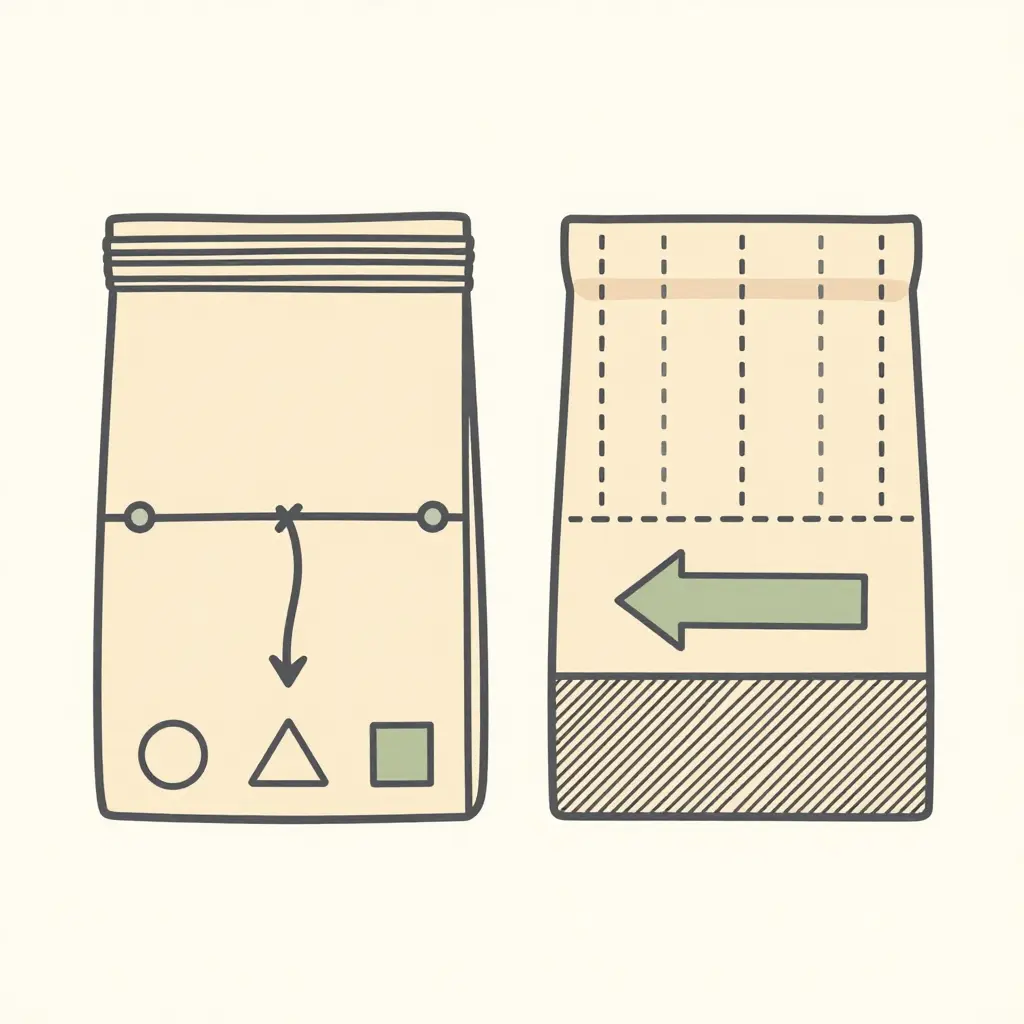 Minimal line-art comparison diagram of a tin tie closure on the left and a fold over closure on the right, each showing the folded paper layers, the active sealing element, and arrows indicating the closing motion
