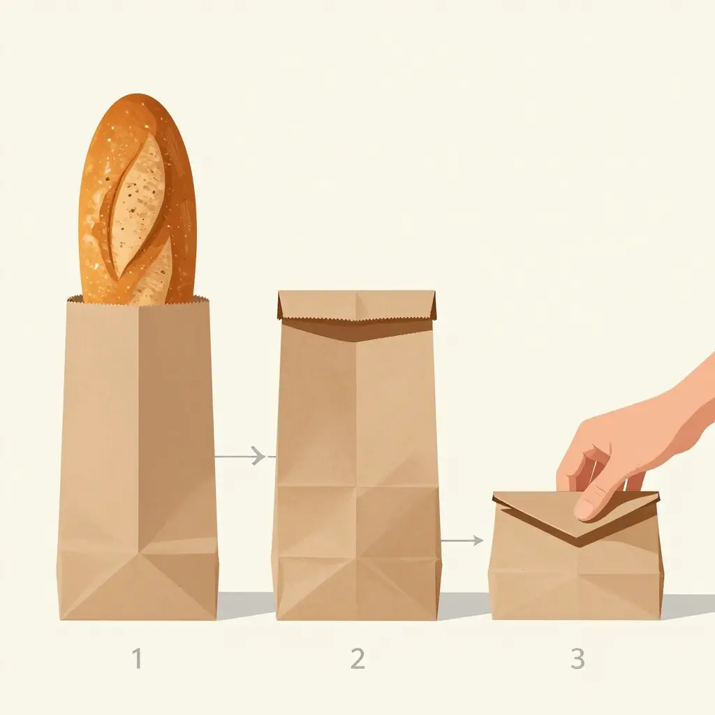 Three-stage illustration of a fold over closure: an open kraft paper bread bag with an artisan loaf, the top folded twice into a crisp band, and a hand pressing the flap flat