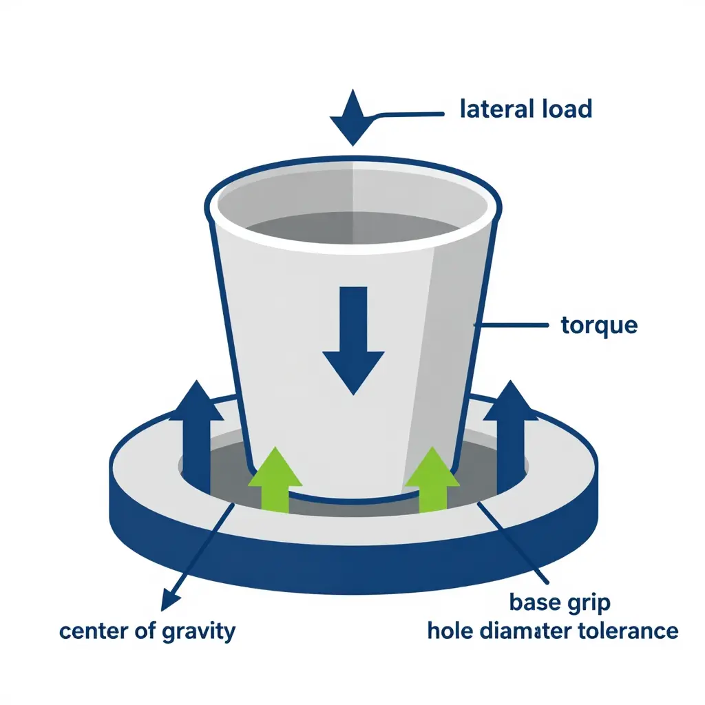 Cross-section diagram of a cup in a tray hole showing center of gravity, lateral load, torque, base grip friction and hole diameter tolerance