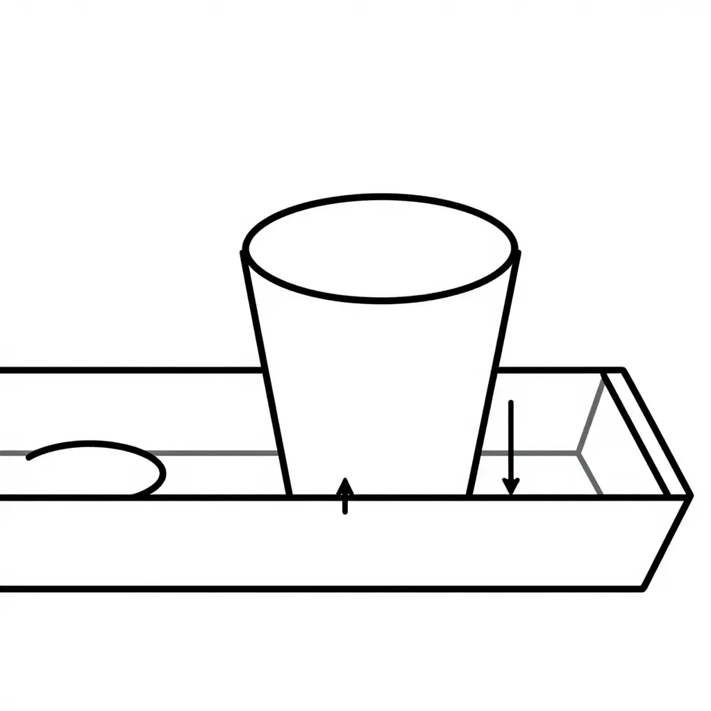 Side cross-section diagram of a sugarcane cup tray showing the tray surface, a cup base seated in the hole, arrows marking the retaining contact points, and a clearance gap showing hole diameter tolerance