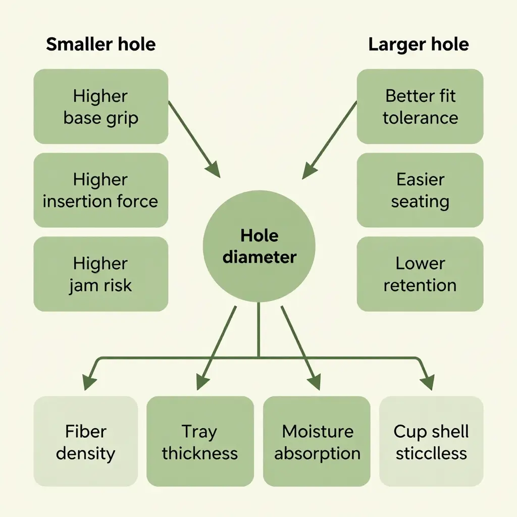 Cause-and-effect flowchart showing how a smaller hole raises base grip, insertion force, and jam risk, how a larger hole improves fit tolerance but lowers retention, and how fiber density, tray thickness, moisture absorption, and cup shell stiffness feed into the central hole-diameter decision