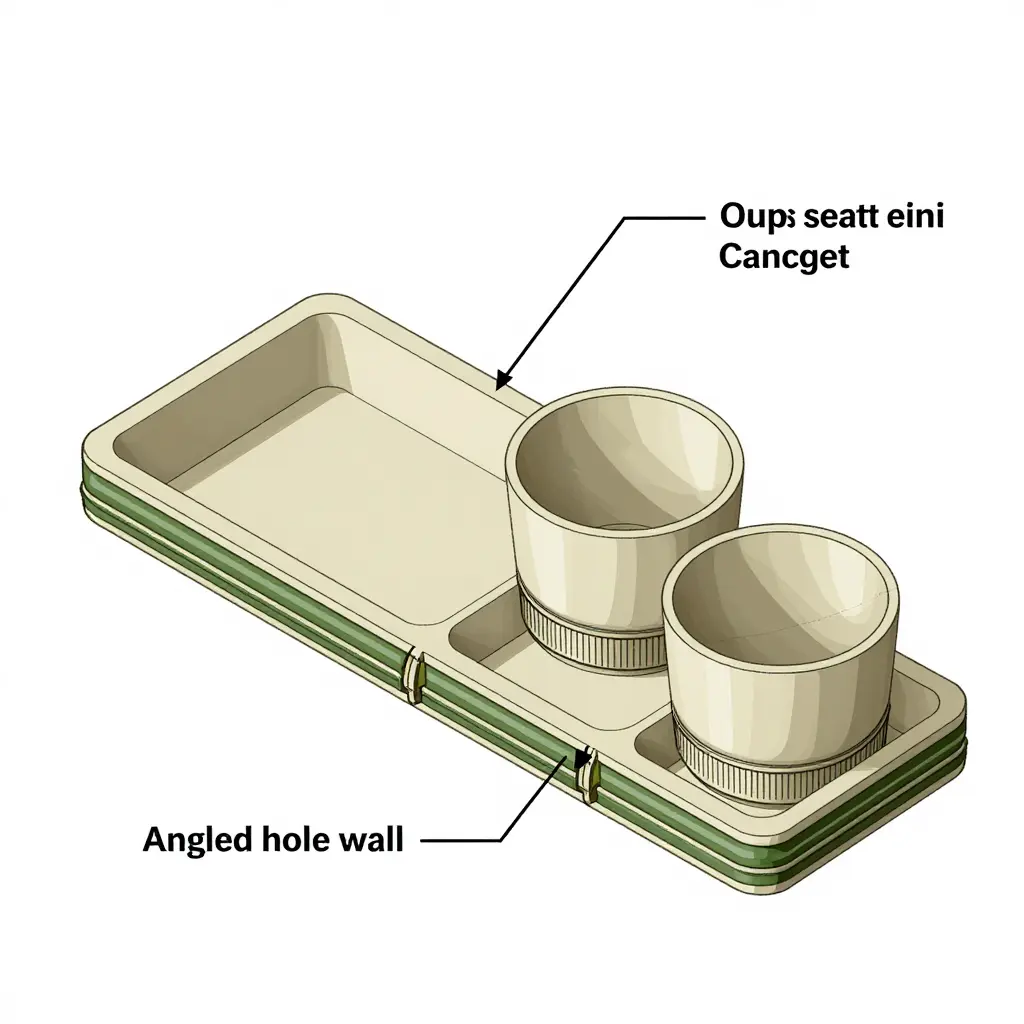 Cross-section diagram of a sugarcane cup tray showing hole wall angle, cup seat depth, ribbed contact ring, and drainage gaps