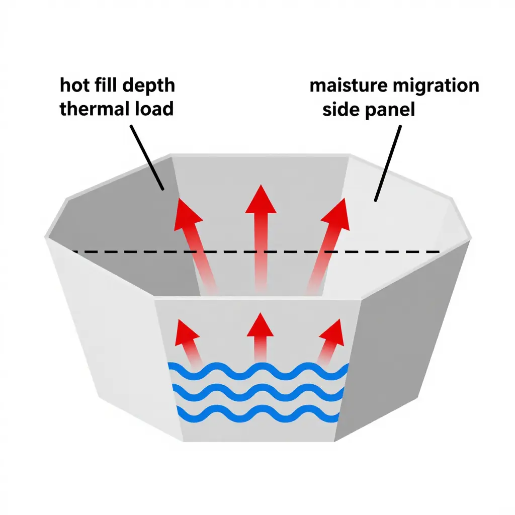 Cross-section diagram of an octagonal paper bowl showing shallow, medium, and deep hot fill depth levels, with red thermal load arrows radiating to the inner side panel and blue wavy lines indicating moisture migration into the paperboard fibers.
