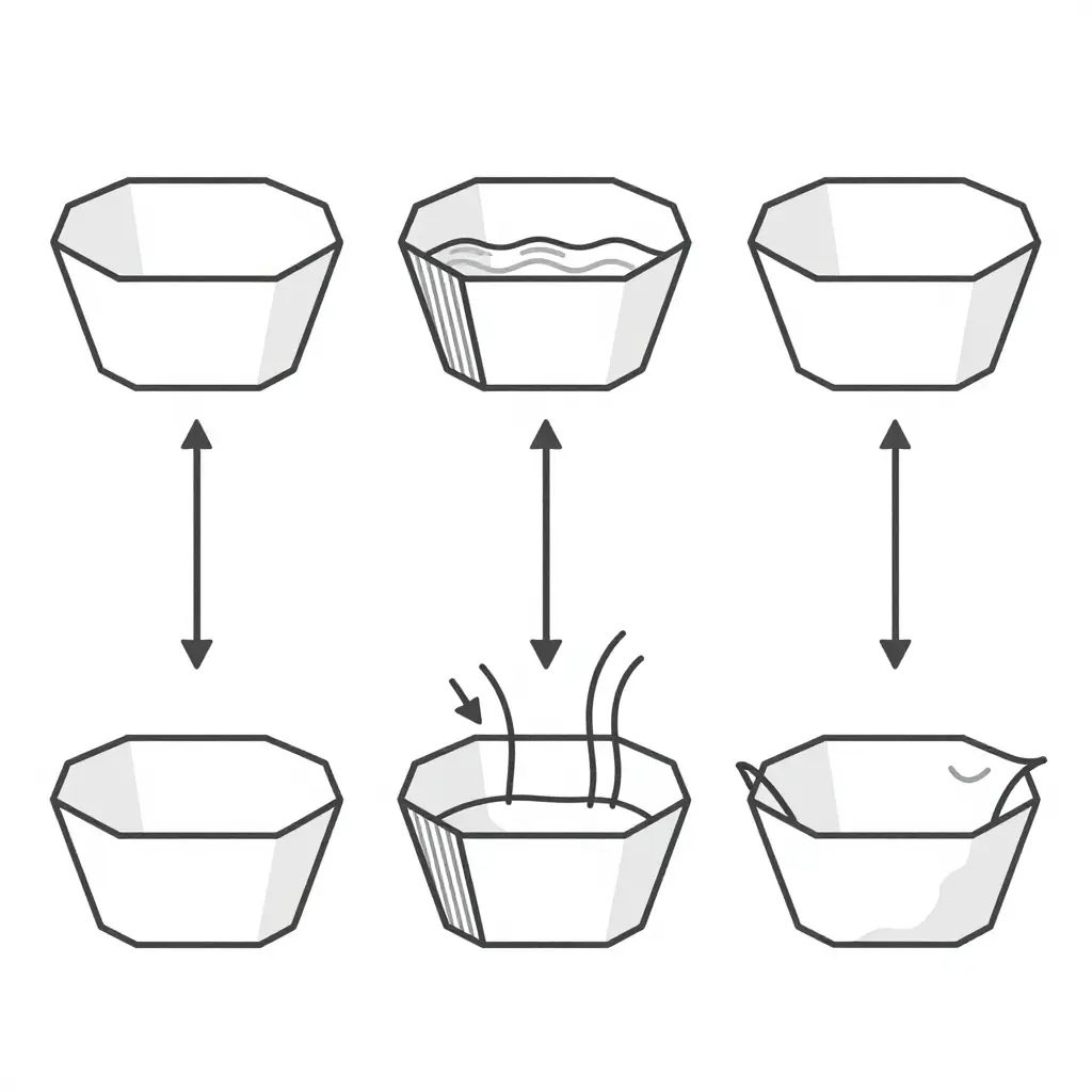 Two-dimensional schematic flow diagram illustrating the hot-fill sequence and moisture migration inside an octagonal paper bowl, from empty bowl through hot fill to softened, bulging side panel