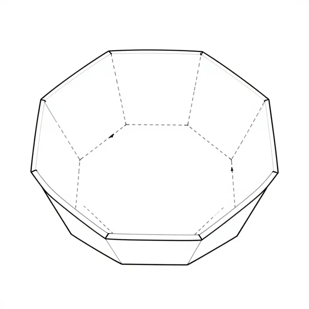 Schematic top-view line diagram of an octagonal paper bowl showing eight side panels, dashed crease lines, and outward pressure arrows at a side panel midpoint